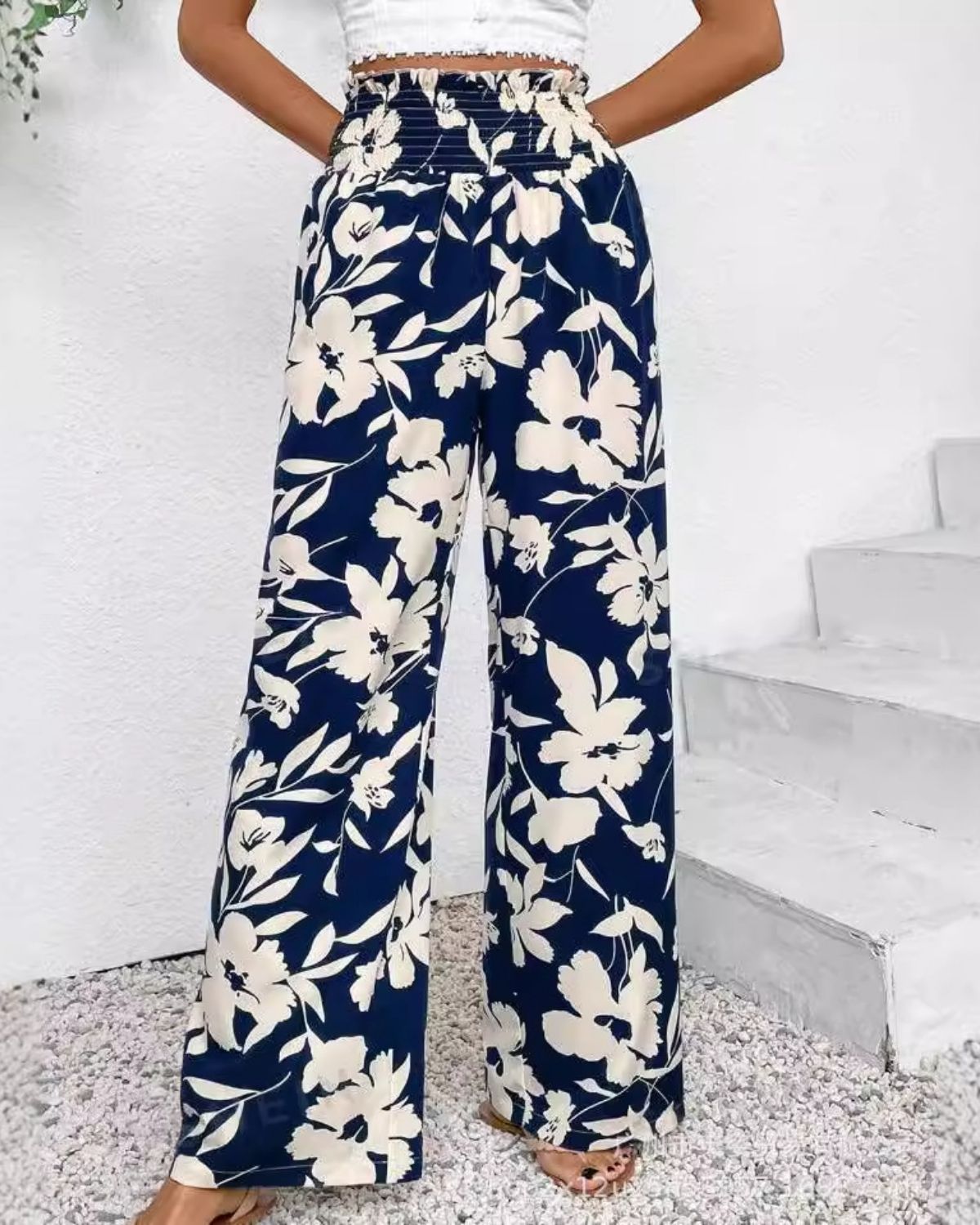 Seraphina - Navy Blue High-Waisted Floral Wide-Leg Pants for Women