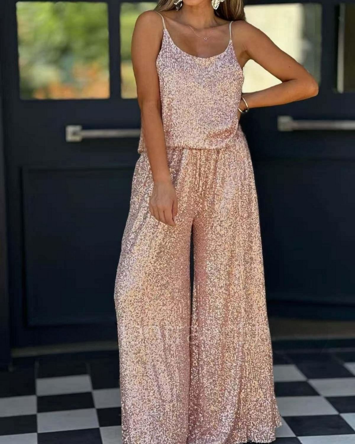 Valentina - Luxury Sequin Spaghetti Strap Wide-Leg Jumpsuit for Women