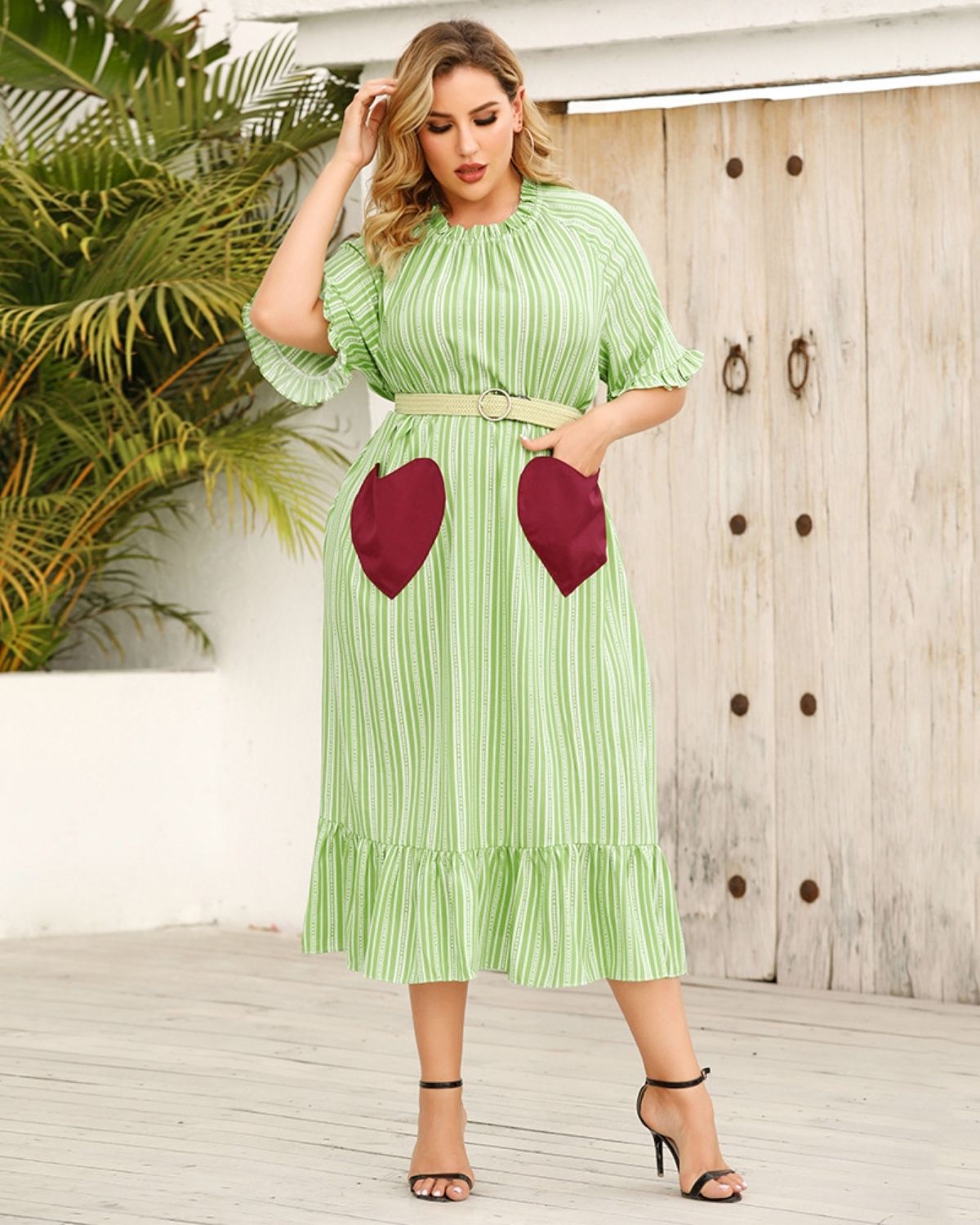 Arya - Chic Striped with Contrast Heart Pockets Midi Dress for Women