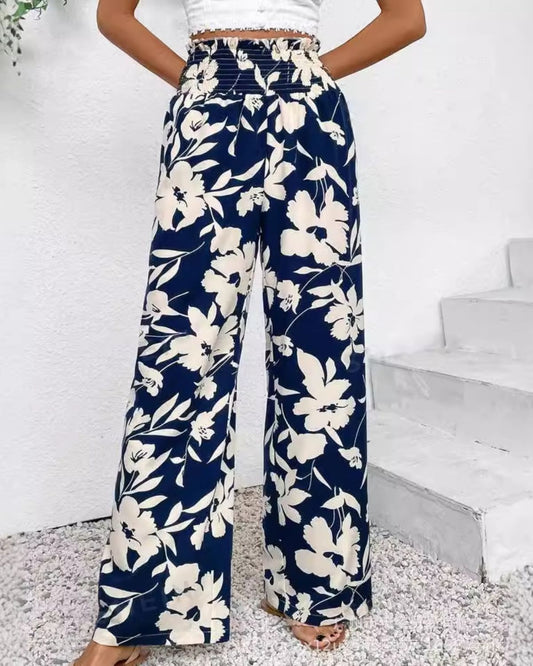 Seraphina - Navy Blue High-Waisted Floral Wide-Leg Pants for Women