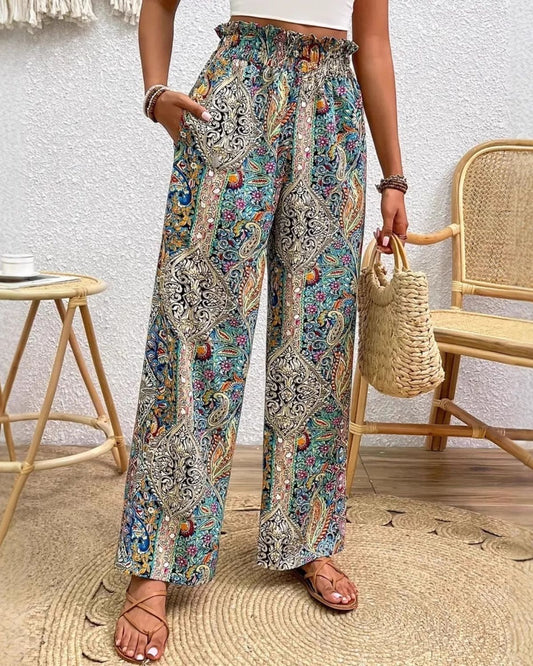Reya - Relaxed Boho Print Wide-Leg Pants for Women