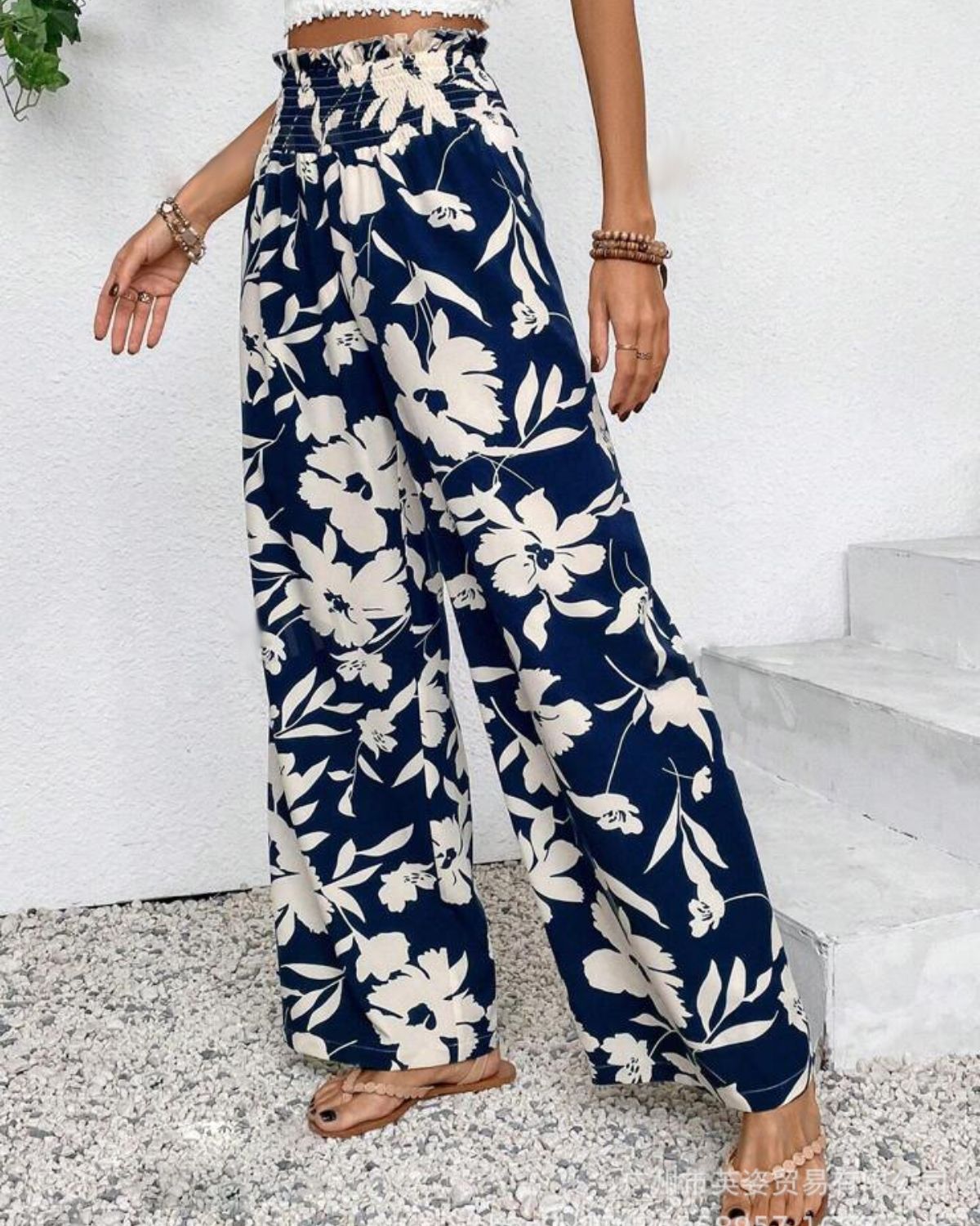 Seraphina - Navy Blue High-Waisted Floral Wide-Leg Pants for Women