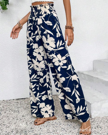 Seraphina - Navy Blue High-Waisted Floral Wide-Leg Pants for Women