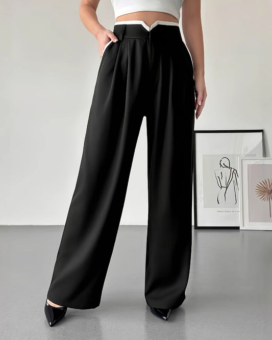Jemma - Classic Black Wide-Leg Trousers with Contrast Trim for Women