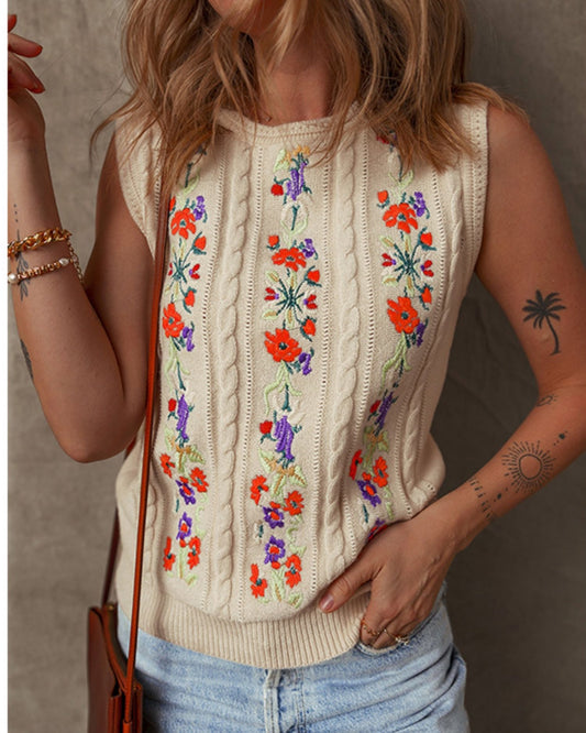 Lucia - Vintage Embroidered Floral Sleeveless Top for Women