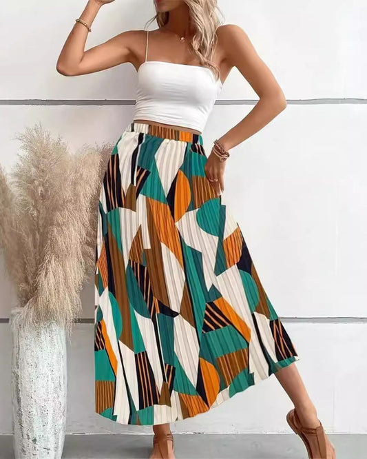 Lilia - Stylish Pleated Geometric Maxi Skirt for Women