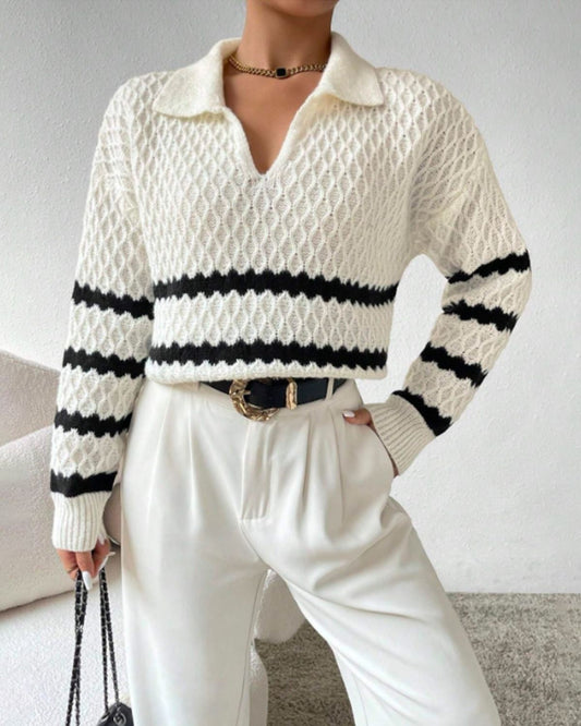 Elia - Casual Striped Knit Polo Sweater for Women