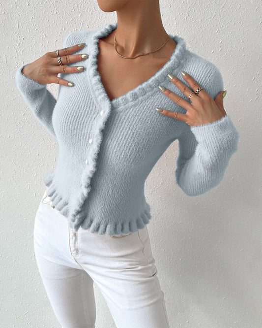 Billie - Stylish Fuzzy Frill Button Cardigan for Women