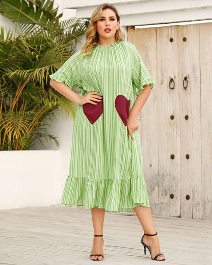Arya - Chic Striped with Contrast Heart Pockets Midi Dress for Women