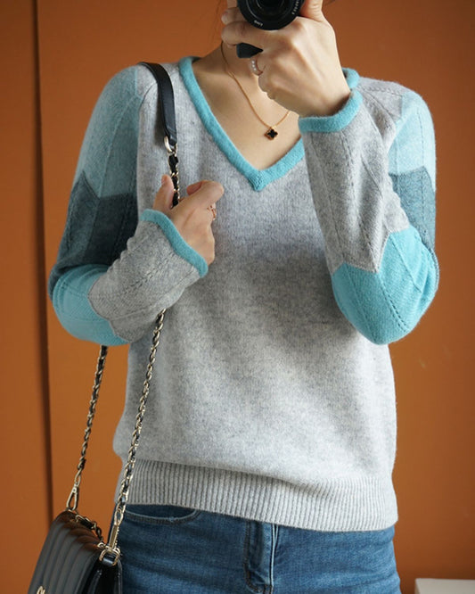 Ocean - Cosy V-Neck Colour Block Knit Jumper for Women