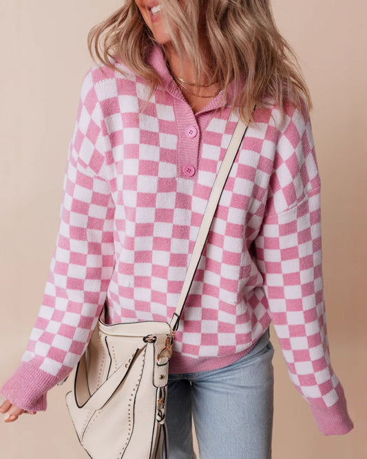 Ivey - Cosy Pink Checkered Knit Sweater with Button Collar for Women