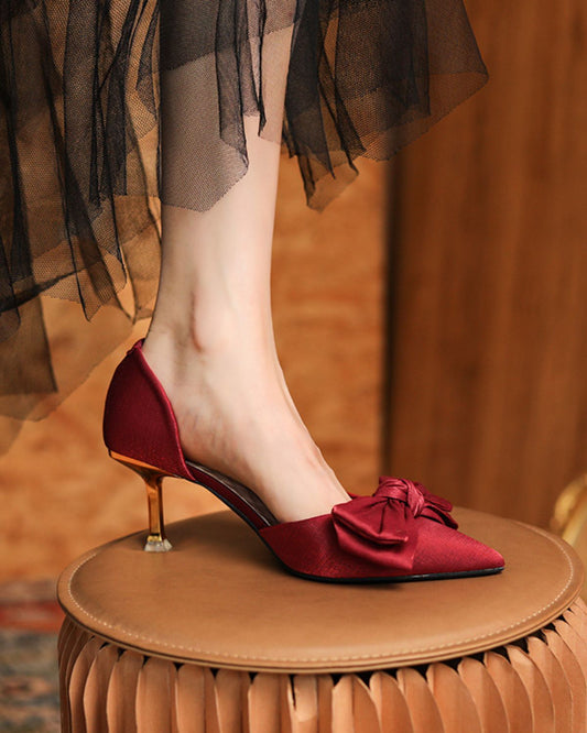 Astrid - Sophisticated Red Satin Bow Pointed Toe Heels for Women