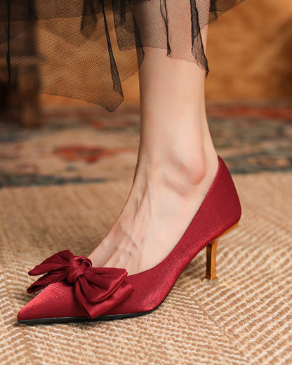 Astrid - Sophisticated Red Satin Bow Pointed Toe Heels for Women